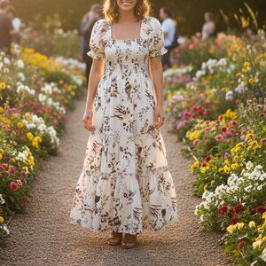 Tory Burch Cream Floral Puff-Sleeve Midi Dress